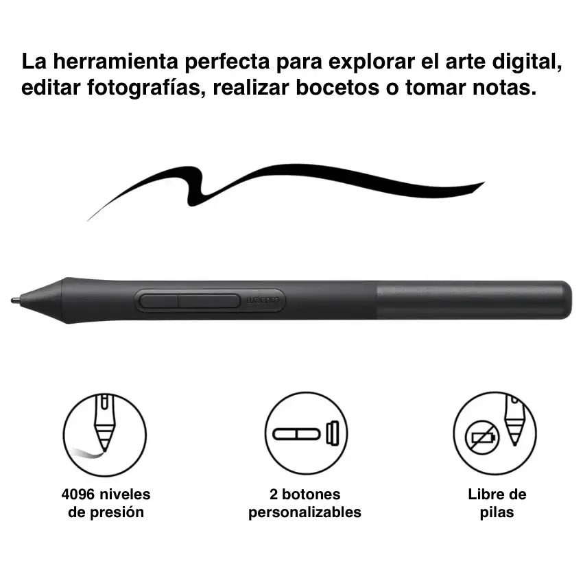 Lápiz óptico Wacom 4K, Deslizamiento suave, Botones laterales, Negro Lápiz óptico Wacom 4K, Deslizamiento suave, Botones laterales, Negro