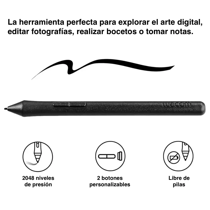Lápiz óptico Wacom 2K, Deslizamiento suave, Botón lateral, Negro