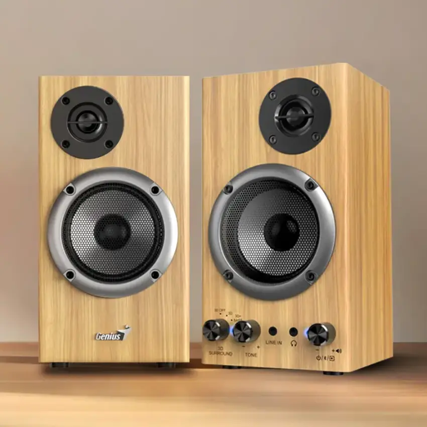 Parlantes Genius SP-HF520BT, 20 W RMS, Bluetooth, Mini Plug 3.5 mm, Marrón Claro