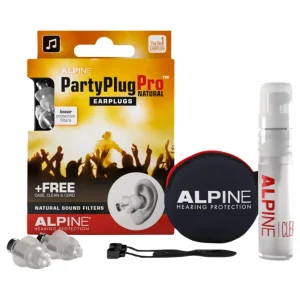 Protectores Auditivos Alpine PartyPlug Pro, Transparente, Con Estuche, Cordón, Spray de Limpieza