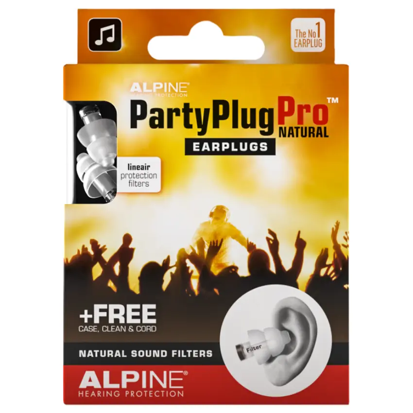 Protectores Auditivos Alpine PartyPlug Pro, Transparente, Con Estuche, Cordón, Spray de Limpieza