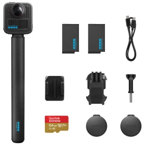 Cámara GoPro MAX2 360 Accessory Bundle, Poste de Extensión, 2 Baterías Enduro, Tarjeta SanDisk MicroSD de 64 GB
