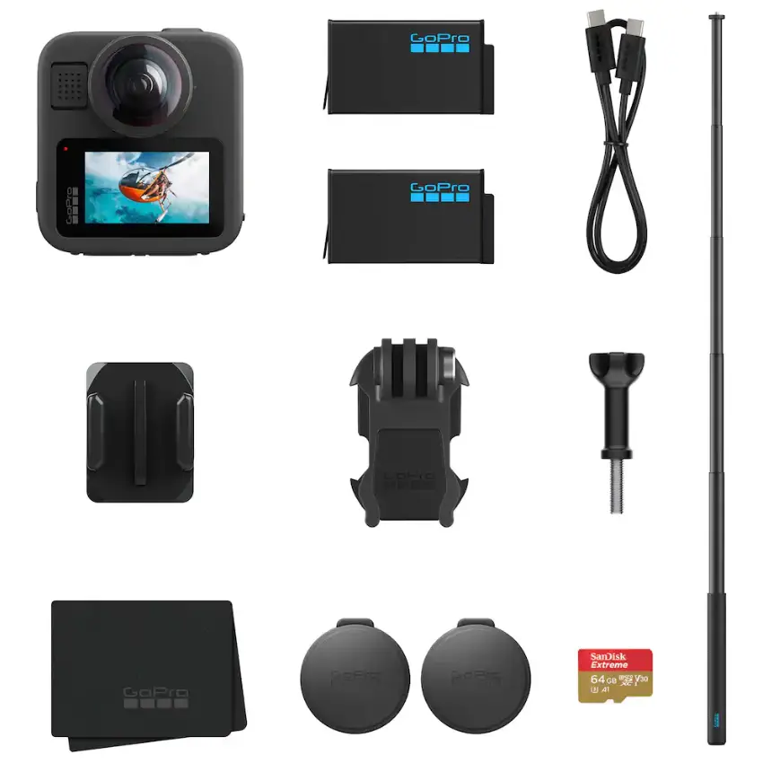 Cámara GoPro MAX2 360 Accessory Bundle, Poste de Extensión, 2 Baterías Enduro, Tarjeta SanDisk MicroSD de 64 GB