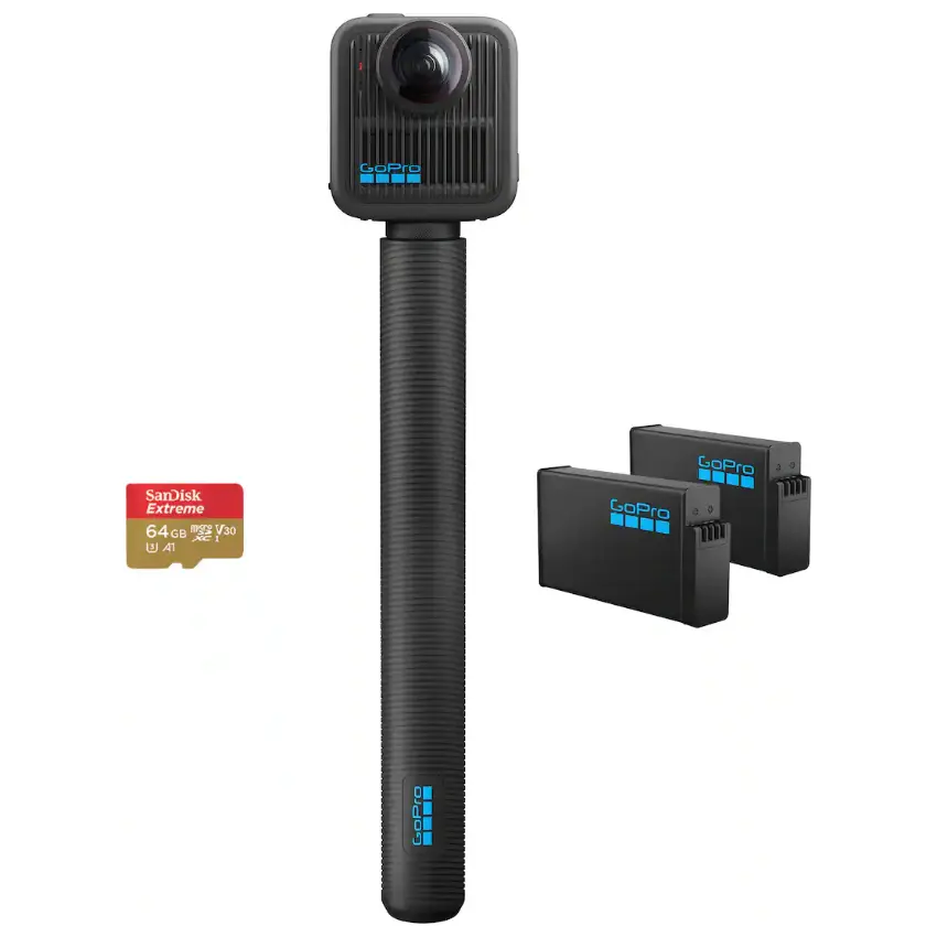 Cámara GoPro MAX2 360 Accessory Bundle, Poste de Extensión, 2 Baterías Enduro, Tarjeta SanDisk MicroSD de 64 GB