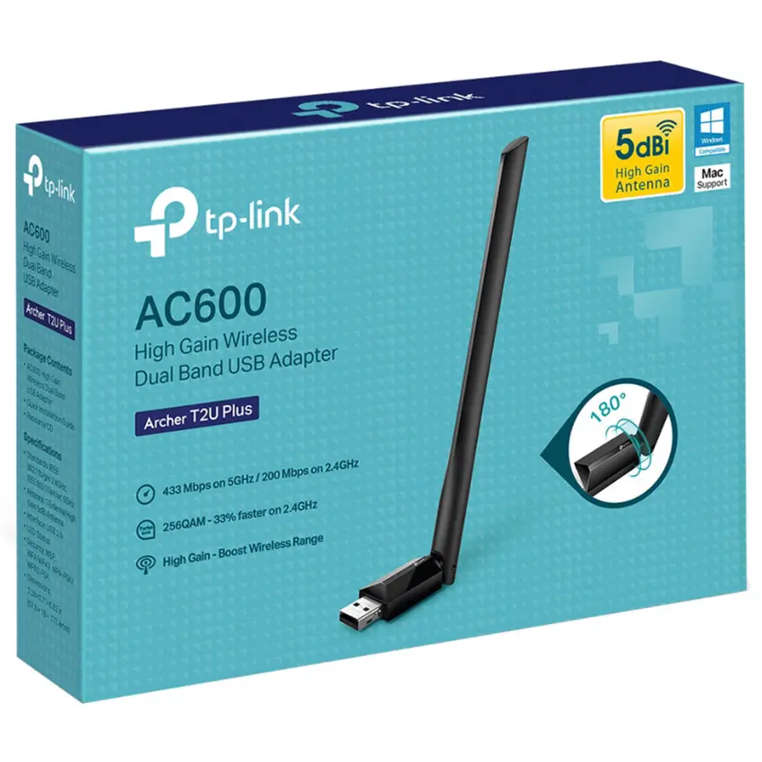 Adaptador USB Wi-Fi TP-Link Archer T2U Plus, AC600, Doble Banda