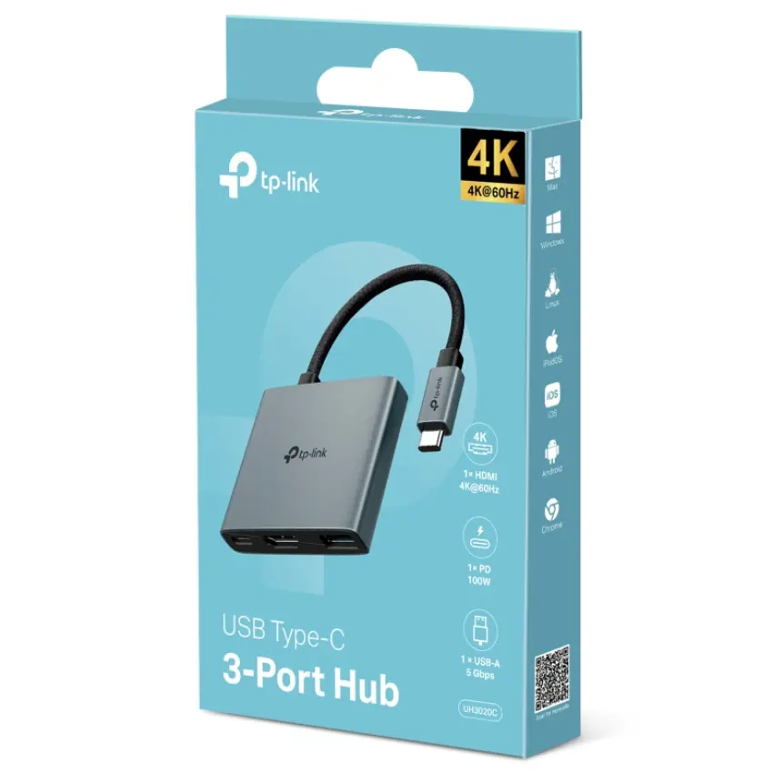 Hub TP-Link UH3020C, Concentrador 3 en 1, USB-C, 1 Puerto USB 3.0, 1 HDMI, Power Delivery de 100W