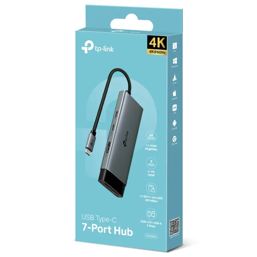 Hub TP-Link UH7020C, Concentrador 7 en 1, USB-C, 3 Puerto USB 3.0, 1 HDMI, Ranuras SD y microSD, Power Delivery de 100W