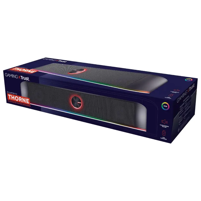 Barra de Sonido Trust GXT 619 Thorne, 6 W RMS, Mini Plug 3.5 mm, Iluminación RGB, Negro