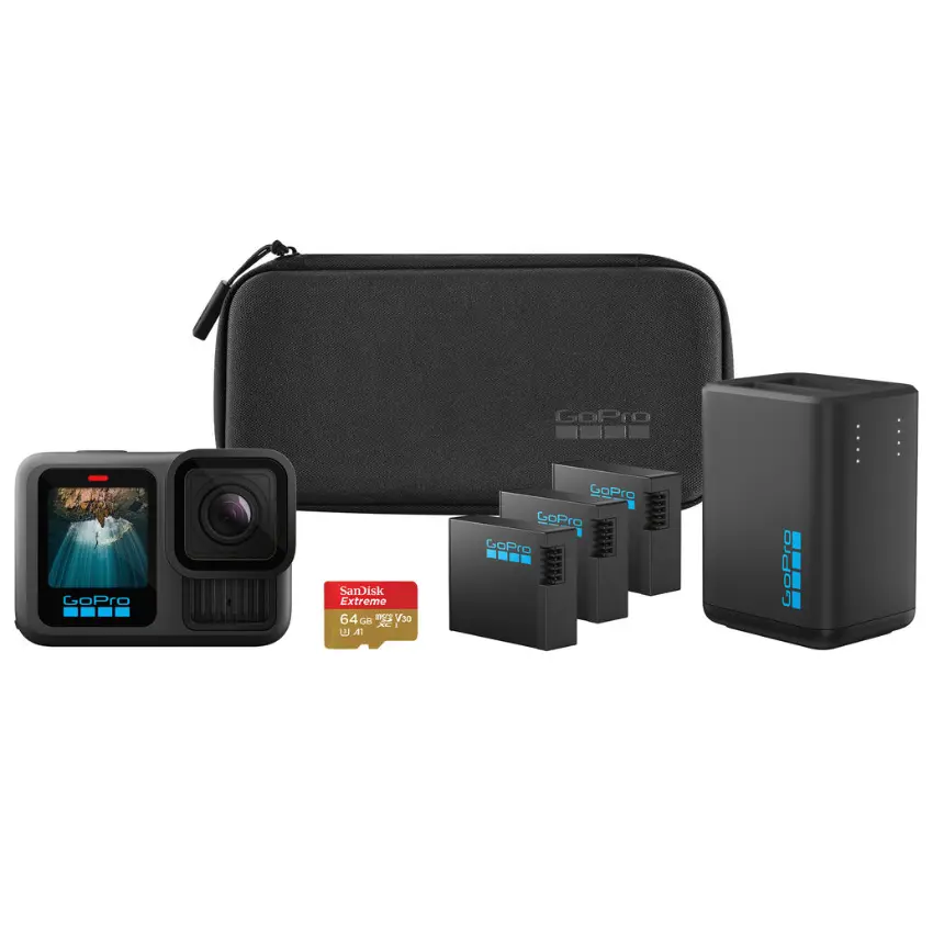 Cámara GoPro HERO13 Black Extended Power Bundle, Cargador Doble on 2 Baterías Enduro, Tarjeta SanDisk MicroSD de 64 GB, Estuche