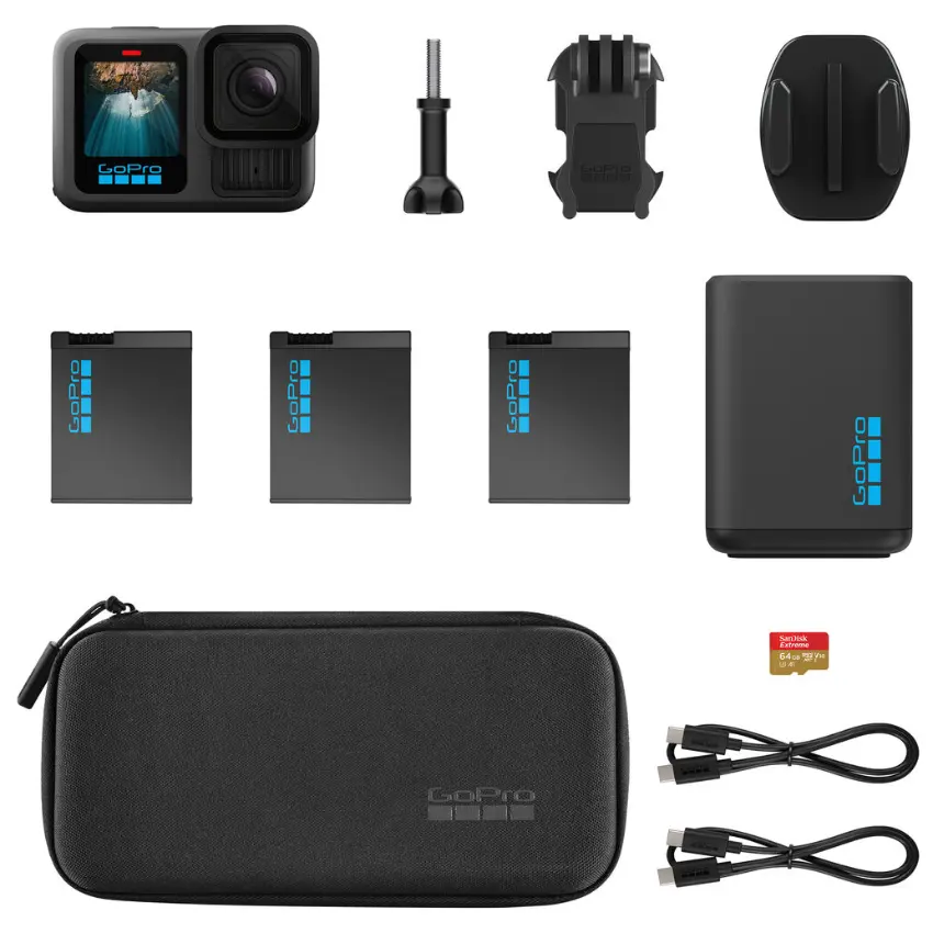 Cámara GoPro HERO13 Black Extended Power Bundle, Cargador Doble on 2 Baterías Enduro, Tarjeta SanDisk MicroSD de 64 GB, Estuche