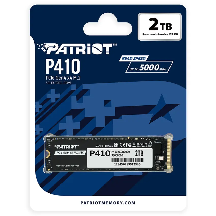 Disco SSD Patriot P410 NVMe 2TB, 3D NAND, PCIe Gen4, M.2 2280, Disipador de grafeno