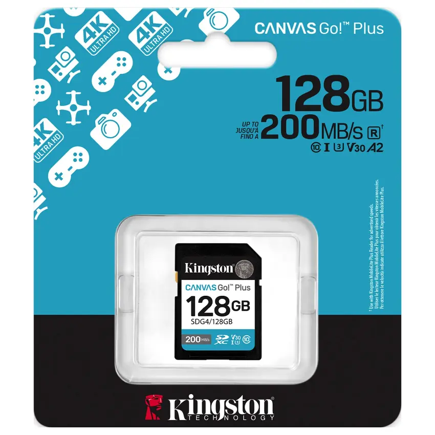 Tarjeta de Memoria SDXC Kingston Canvas Go! Plus 128GB, UHS-I, U3, V30, Clase 10