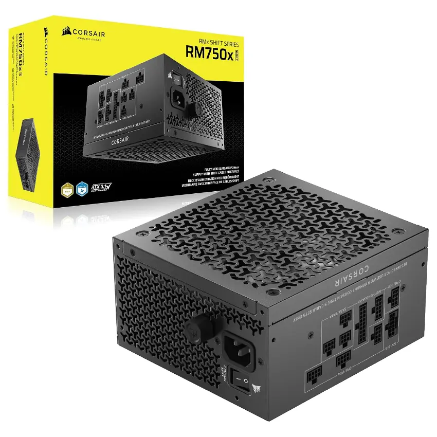 Fuente de alimentación modular Corsair RM750x SHIFT, 750W, 80 PLUS Gold, Interfaz de cableado lateral, Preparada para PCIe 5.1 Fuente de alimentación modular Corsair RM750x SHIFT, 750W, 80 PLUS Gold, Interfaz de cableado lateral, Preparada para PCIe 5.1