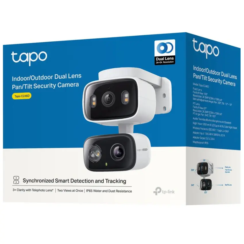Cámara de Seguridad Wi-Fi TP-Link Tapo C246D, 2K, 3 MP, Doble lente, Pan / Tilt, Visión nocturna, Exterior Cámara de Seguridad Wi-Fi TP-Link Tapo C246D, 2K, 3 MP, Doble lente, Pan / Tilt, Visión nocturna, Exterior