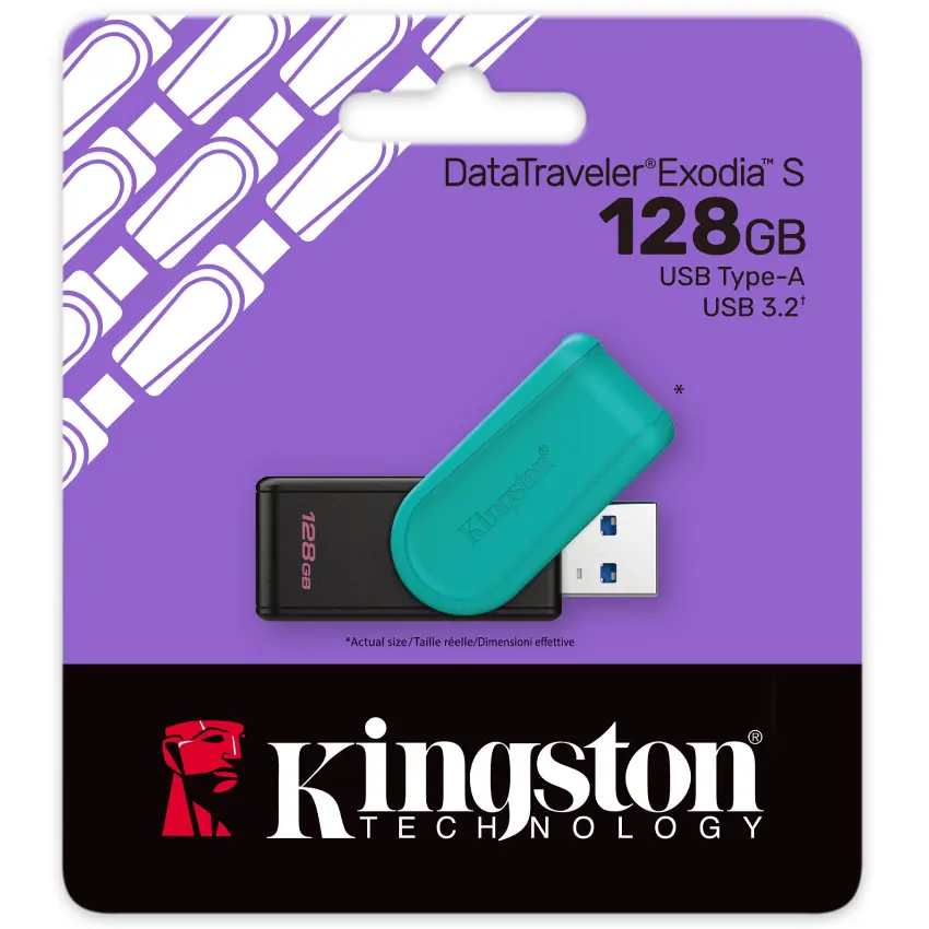 Pendrive Kingston DataTraveler Exodia S, 128GB, USB 3.2 Gen 1, Negro/Turquesa Pendrive Kingston DataTraveler Exodia S, 128GB, USB 3.2 Gen 1, Negro/Turquesa