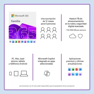 Microsoft 365 Familia, Español, Multilenguaje, 6 Usuarios, Suscripción de 1 año, Licencia digital