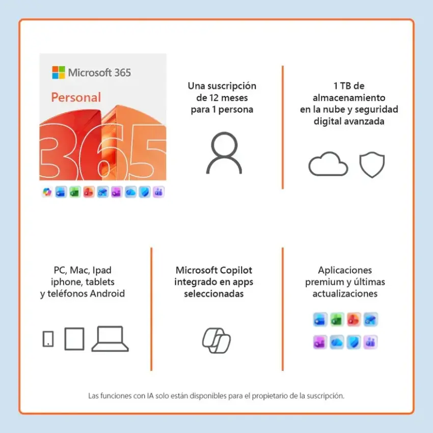 Microsoft 365 Personal, Español, Multilenguaje, 1 Usuario, Suscripción de 1 año, Licencia digital Microsoft 365 Personal, Español, Multilenguaje, 1 Usuario, Suscripción de 1 año, Licencia digital