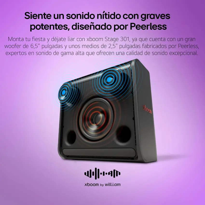 Altavoz Portátil a Batería LG xboom Stage 301 by will.i.am, Woofer 6.5", Potencia 120W, Karaoke, Luces LED, Efectos de DJ, Bluetooth, Negro Altavoz Portátil a Batería LG xboom Stage 301 by will.i.am, Woofer 6.5", Potencia 120W, Karaoke, Luces LED, Efectos de DJ, Bluetooth, Negro
