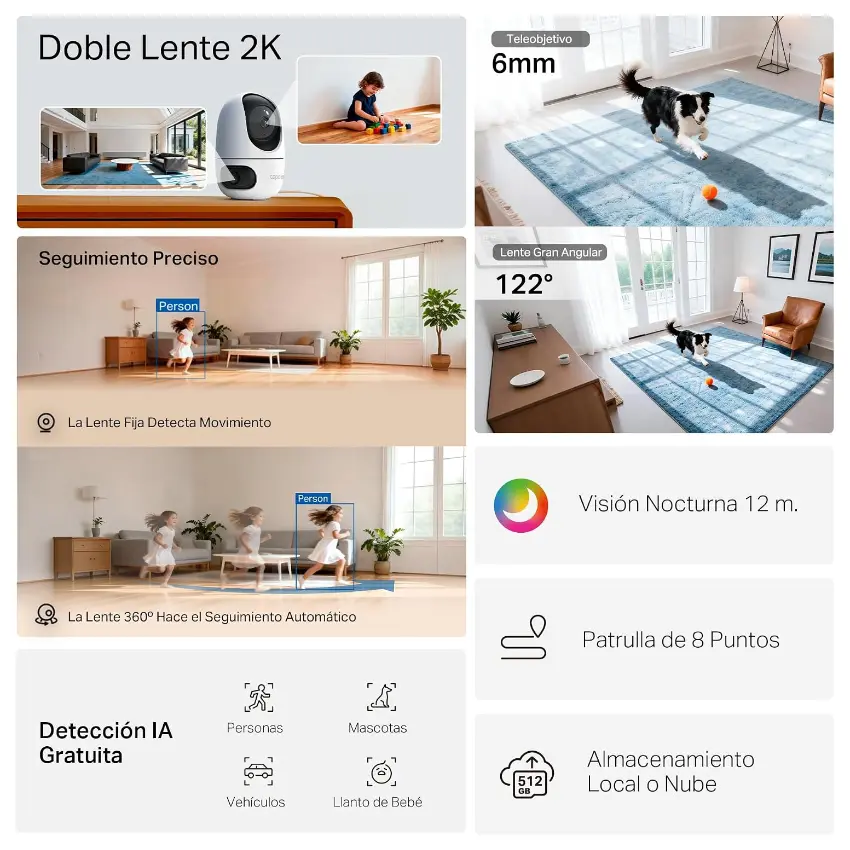 Cámara de Seguridad Wi-Fi TP-Link Tapo C245D, 2K, 3 MP, Doble lente, Pan / Tilt, Visión nocturna, Interior